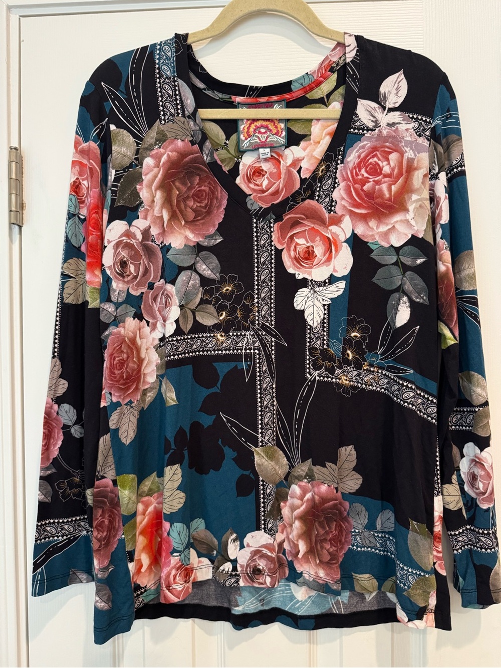 Johnny Was Los Angeles Floral Paisley Tunic Top Black Teal Pink Size L - Picture 2 of 8
